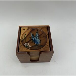 Vintage Wooden Animal Coasters Set Of 6 Birds, Frogs, Butterflies 3"
